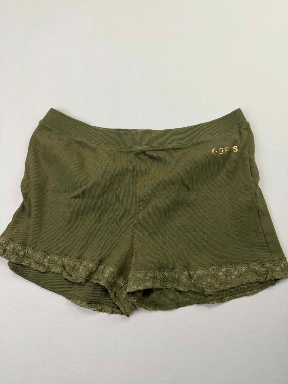 Guess Olive Green Ribbed Lounge Shorts with Lace Hem